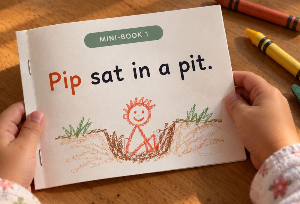 A child's hands holding an open stapled mini-book that reads 'Pip sat in a pit.' with a crayon drawing