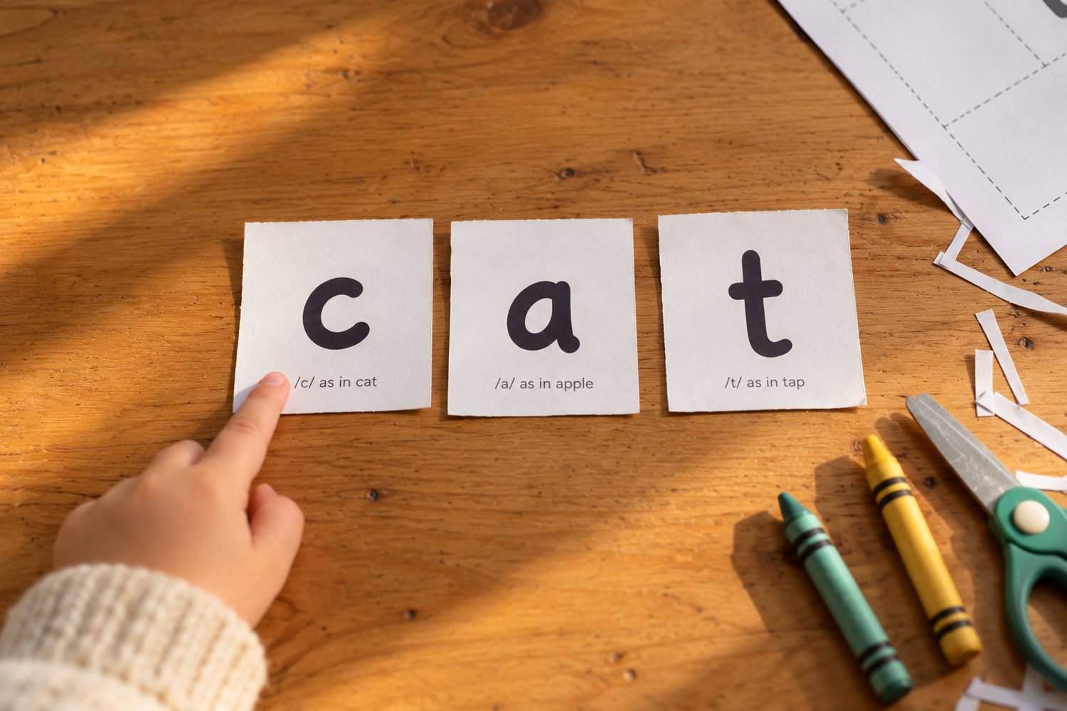 A child's finger on printed letter cards c, a, t