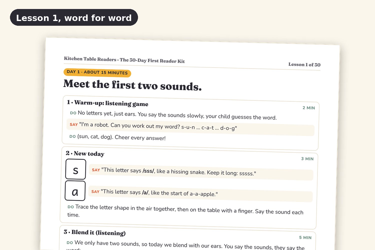 The real Lesson 1 card, with word-for-word lines to say